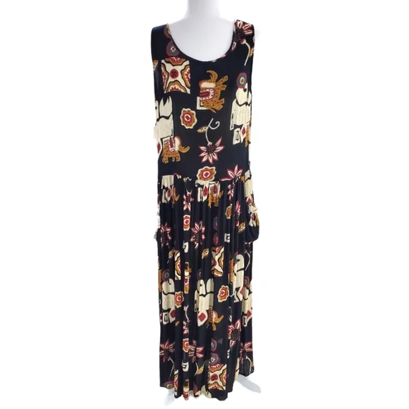 Bila | Dresses | Bila Maxi Dress Womens Medium Black Tan Boho Boxy Floral  Elephant Print | Poshmark